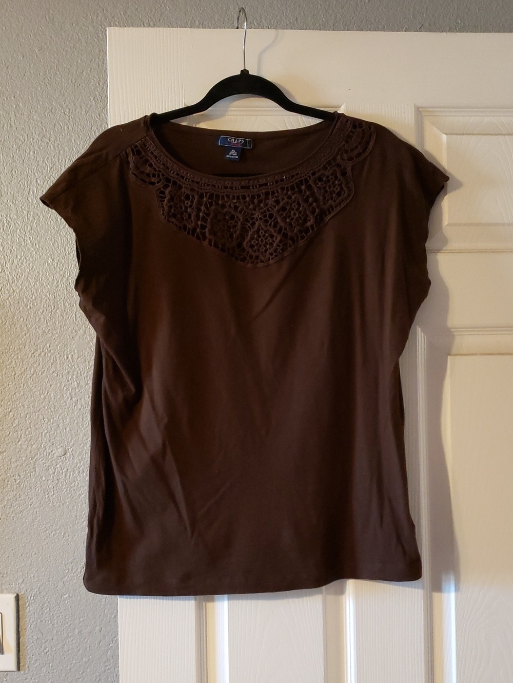 Chaps Brown Lace-Yoke Short Sleeve Tee